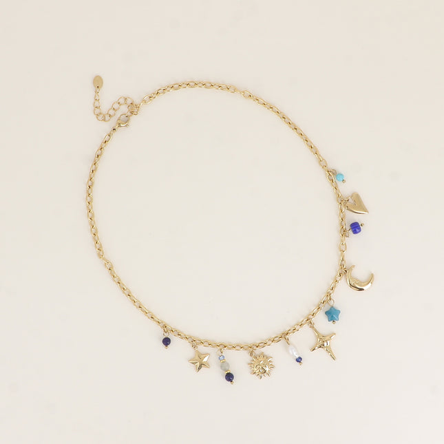 Collier - pierres naturelles, soleil, étoile du nord, croissant de lune, céramique émaillée, étoile, perle d'eau douce