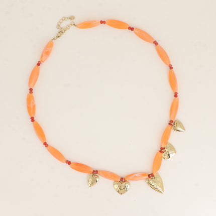 Amora necklace - on a cable, resin beads, heart-shaped flower-engraved charms