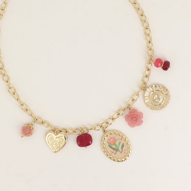 Collier - fleurs, coeur, céramique émaillée, résine, pierres naturelles