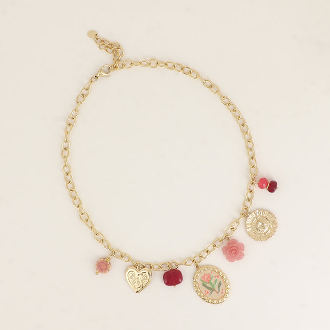 Collier - fleurs, coeur, céramique émaillée, résine, pierres naturelles