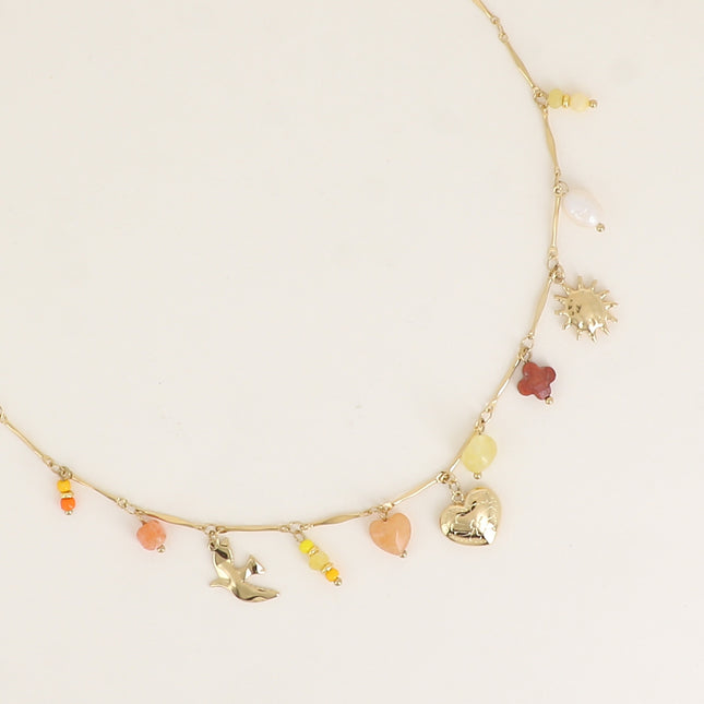 Collier Sunny - pierres naturelles, oiseau, coeur, soleil, trèfle
