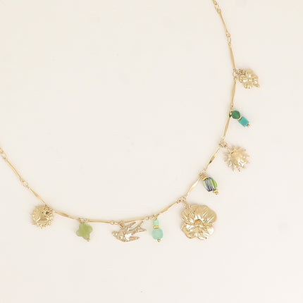 Collier - trèfle, soleil, oiseau, fleur, coeur, perle en céramique émaillée, pierres naturelles