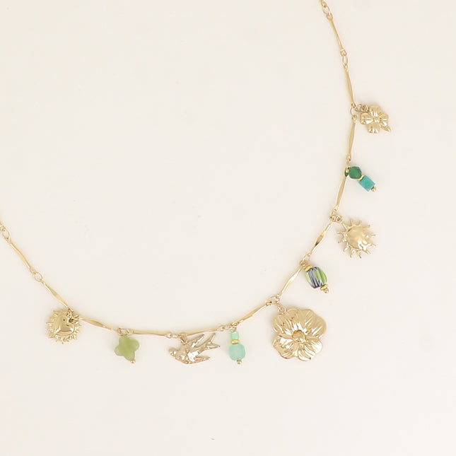 Collier - trèfle, soleil, oiseau, fleur, coeur, perle en céramique émaillée, pierres naturelles