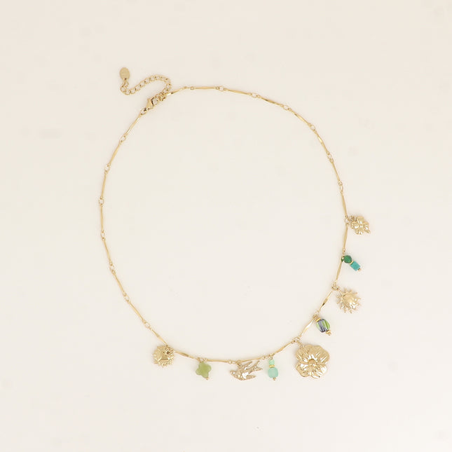 Collier - trèfle, soleil, oiseau, fleur, coeur, perle en céramique émaillée, pierres naturelles