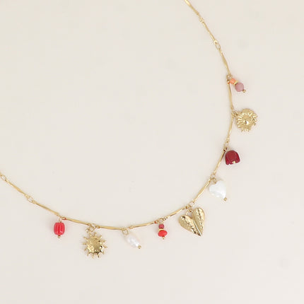 Collier - perle d'eau douce, soleil, coeurs, fleurs