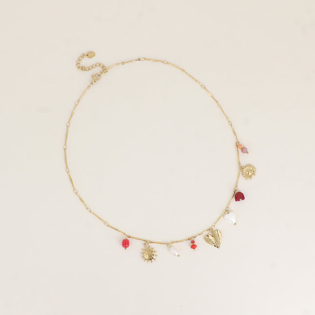 Collier - perle d'eau douce, soleil, coeurs, fleurs