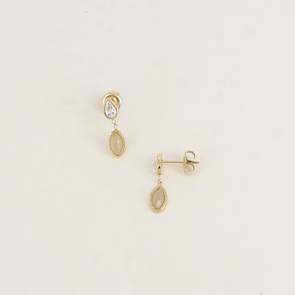 Boucles puces - cristal goutte et pierre type oeil de chat ovale