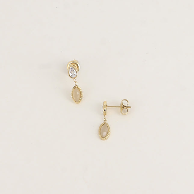 Boucles puces - cristal goutte et pierre type oeil de chat ovale
