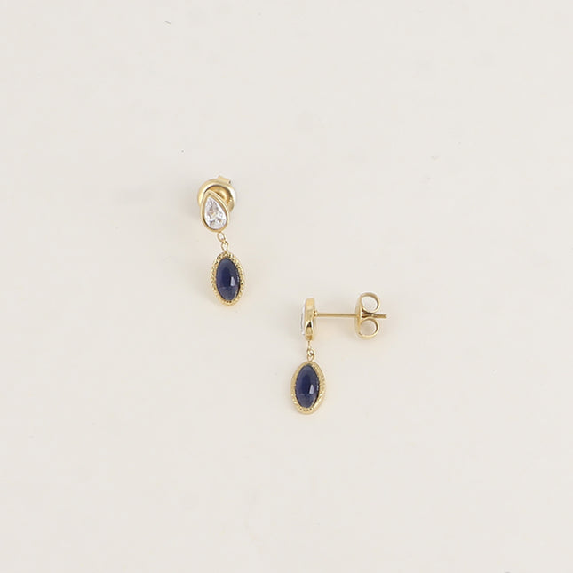 Boucles puces - cristal goutte et pierre type oeil de chat ovale