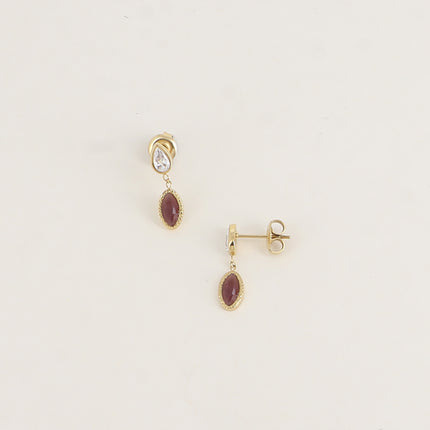 Boucles puces - cristal goutte et pierre type oeil de chat ovale