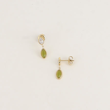 Boucles puces - cristal goutte et pierre type oeil de chat ovale