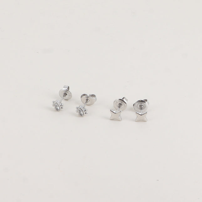 Lot de 2 paires de boucles d'oreilles puces - étoiles et de cristaux ovales