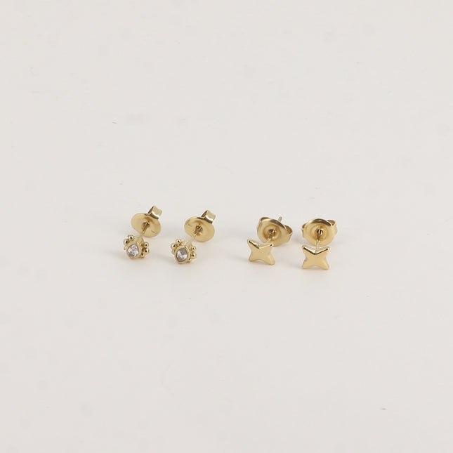 Lot de 2 paires de boucles d'oreilles puces - étoiles et de cristaux ovales