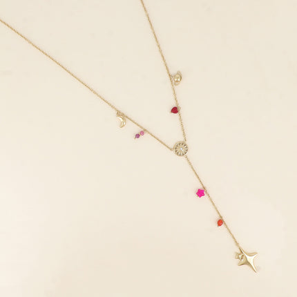 Collier Y - lune, soleil, Saturne, étoiles et perles