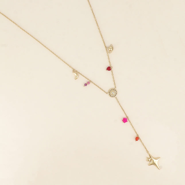 Collier Y - lune, soleil, Saturne, étoiles et perles