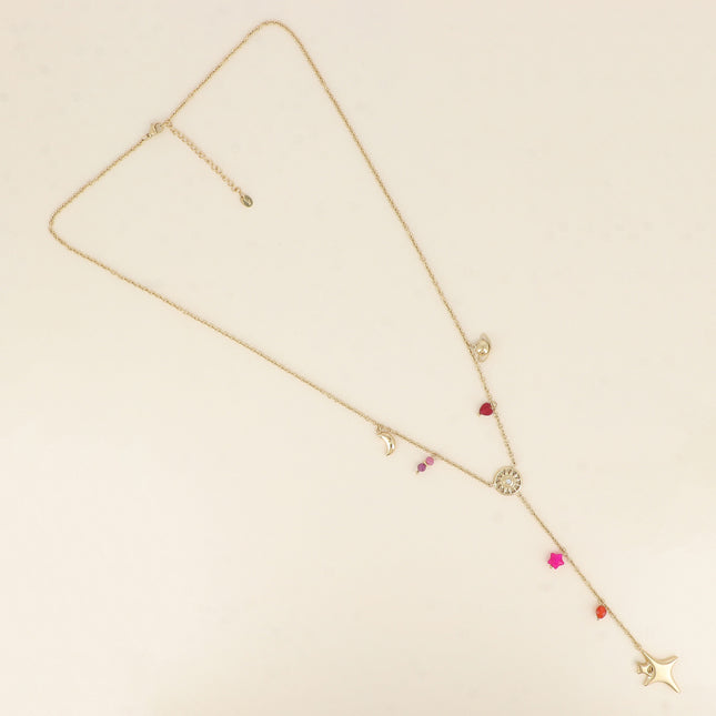Collier Y - lune, soleil, Saturne, étoiles et perles