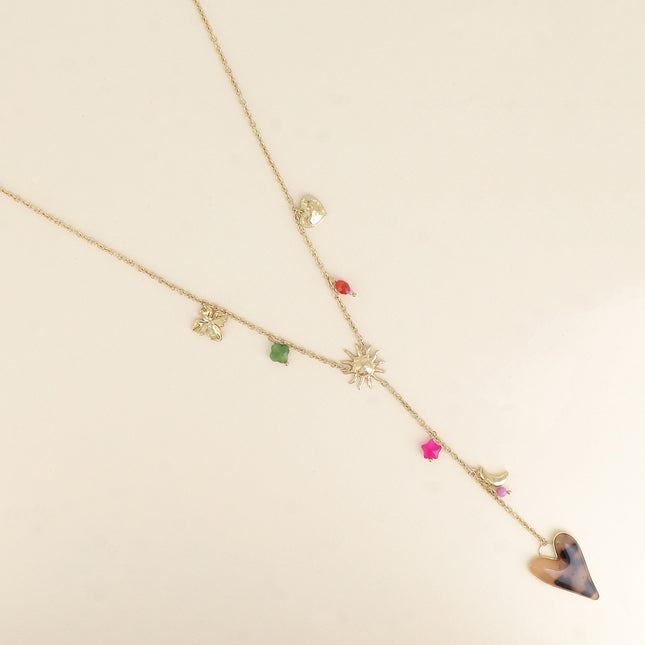 Collier Y - trèfle, lune, soleil, soleil, étoile, coeurs, résine