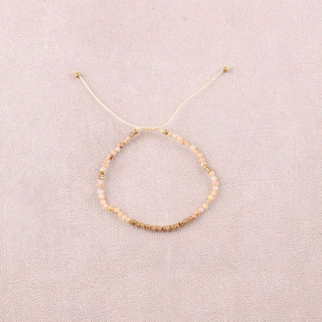 Bracelet - sur fil, fermoir coulissant, perles carrées en acier inoxydable et pierres naturelles