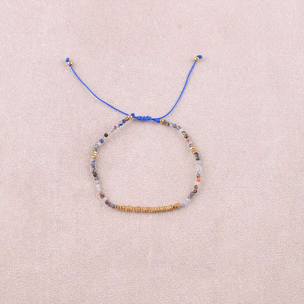 Bracelet - sur fil, fermoir coulissant, perles carrées en acier inoxydable et pierres naturelles