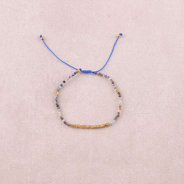 Bracelet - sur fil, fermoir coulissant, perles carrées en acier inoxydable et pierres naturelles