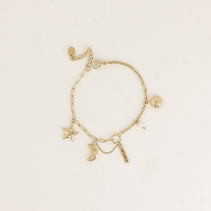 Bracelet - soleil, croissant de lune, étoile, plaquette AMOUR, perle d'eau douce
