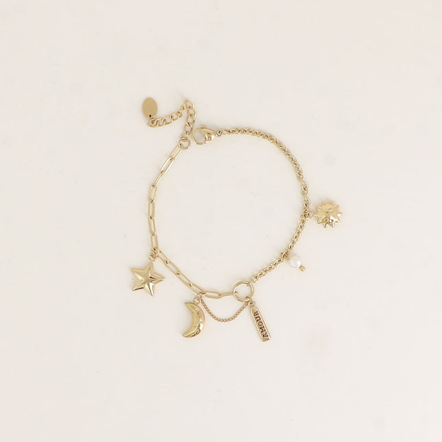 Bracelet - soleil, croissant de lune, étoile, plaquette AMOUR, perle d'eau douce