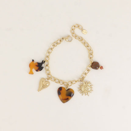 Bracelet - bird and leopard heart, milgrain heart, sun, beads