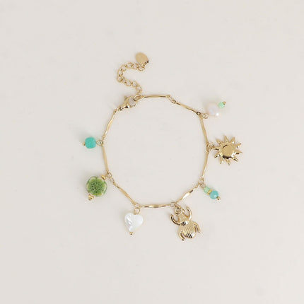 Bracelet Verde - perle d'eau douce, pierres naturelles, soleil, insecte, fleur en céramique émaillée, coeur nacré