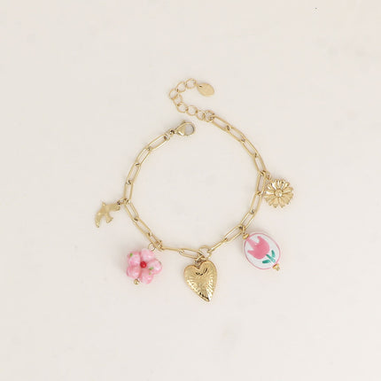 Bracelet - fleur et ovale en céramique émaillée, oiseau, coeur, fleur