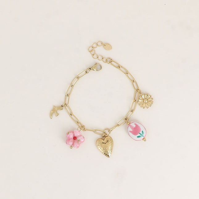 Bracelet - fleur et ovale en céramique émaillée, oiseau, coeur, fleur