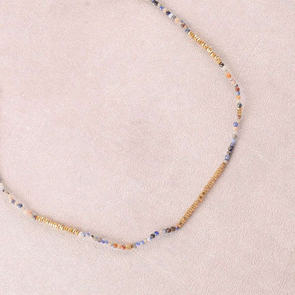 Collier - sur fil, fermoir coulissant, perles carrées en acier inoxydable et pierres naturelles
