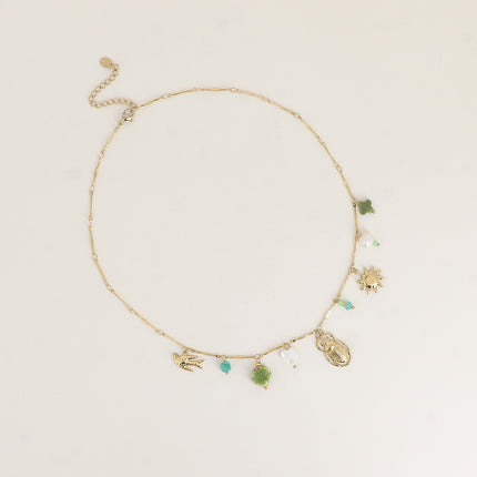 Verde Necklace - freshwater pearl, natural stones, sun, insect, enameled ceramic flower, mother-of-pearl heart