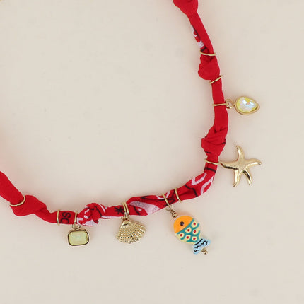 Capri Necklace - ribbon fabric, crystals, shell, resin fish bead, starfish
