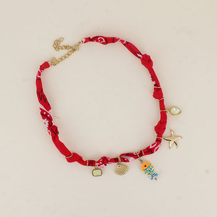 Capri Necklace - ribbon fabric, crystals, shell, resin fish bead, starfish