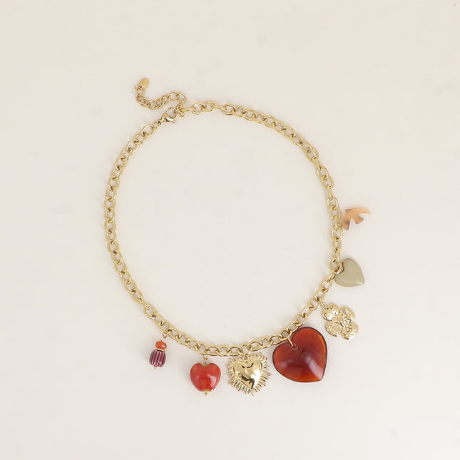 Collier - coeurs en résine, céramique émaillée