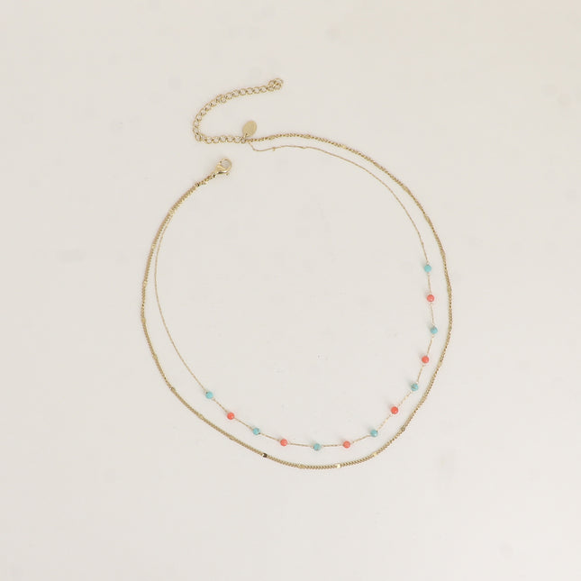 Collier 2 rangs - pierres naturelles et maille forçat alternée pincée