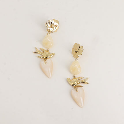 Boucles pendantes - 4 pièces (fleur, perle résine, oiseau et coeur)