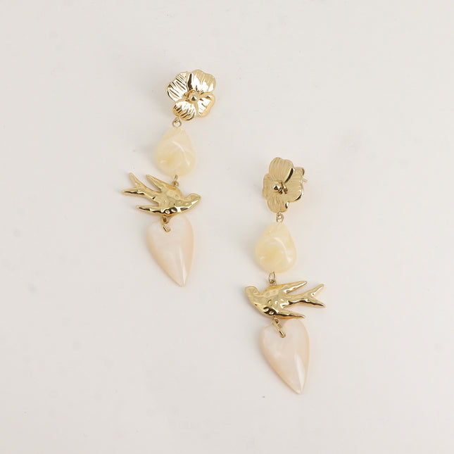 Boucles pendantes - 4 pièces (fleur, perle résine, oiseau et coeur)