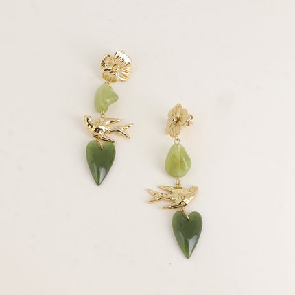 Boucles pendantes - 4 pièces (fleur, perle résine, oiseau et coeur)