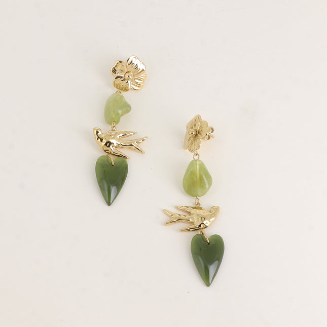 Boucles pendantes - 4 pièces (fleur, perle résine, oiseau et coeur)