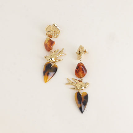 Boucles pendantes - 4 pièces (fleur, perle résine, oiseau et coeur)