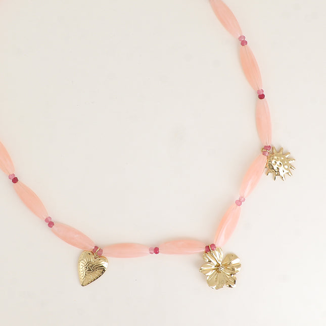 Bloomy Necklace - on cable, resin beads, stainless steel rings and 3 pendants (flower, heart, sun)