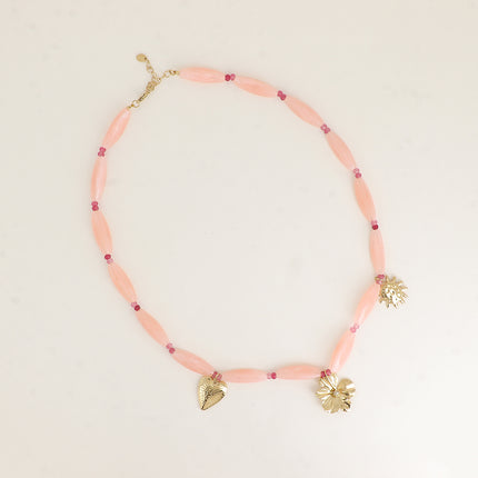 Bloomy Necklace - on cable, resin beads, stainless steel rings and 3 pendants (flower, heart, sun)
