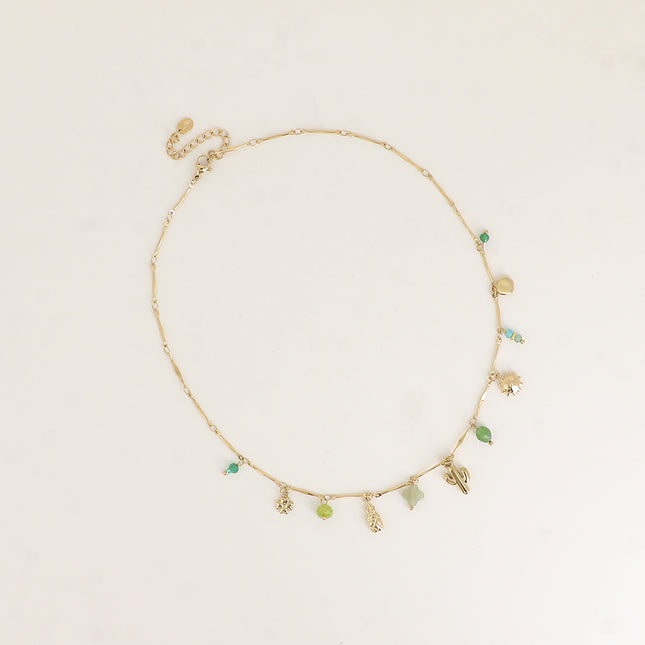 Collier - pendentifs (pierres naturelles, ananas, trèfle, cactus, soleil)