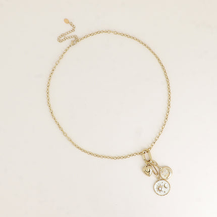 Collier - anneau mousqueton et 3 pendentifs (coeur, soleil et lune sur émail, croissant de lune et oxydes de zirconium)