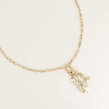 Collier - anneau mousqueton et 3 pendentifs (botte, triple coeur, étoile du Nord sur émail)