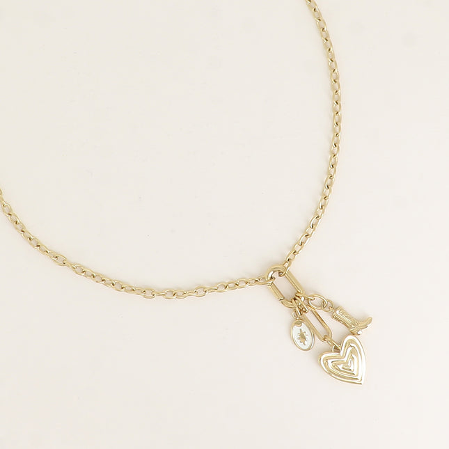 Collier - anneau mousqueton et 3 pendentifs (botte, triple coeur, étoile du Nord sur émail)