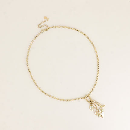 Collier - anneau mousqueton et 3 pendentifs (botte, triple coeur, étoile du Nord sur émail)