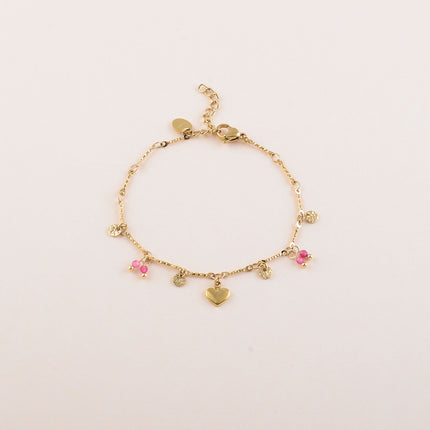 Bracelet - pastilles rondes martelées, pâtes de verre et pendentif coeur effet brossé