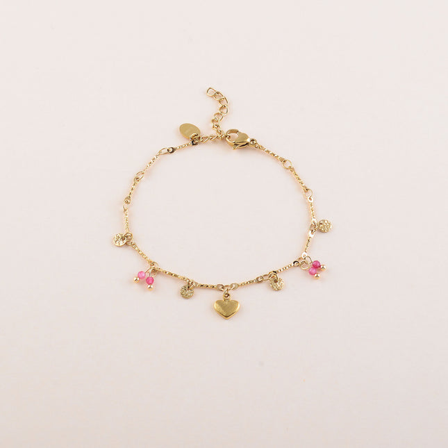 Bracelet - pastilles rondes martelées, pâtes de verre et pendentif coeur effet brossé
